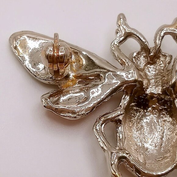 Vintage Bee Brooch Red Blue Green Striped Enameled Rhinestone Silver-tone Pin - Picture 5 of 10